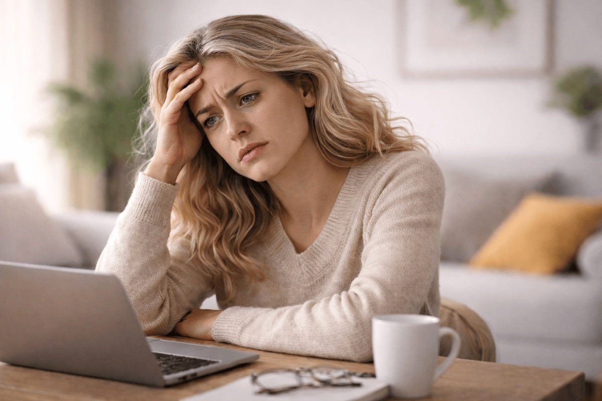 Woman experiencing mental overload and stress, representing how Access Bars sessions support stress relief and nervous system reset in London.