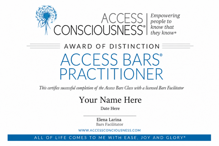 Access Bars Practitioner certificate with certified facilitator Elena Larina in London