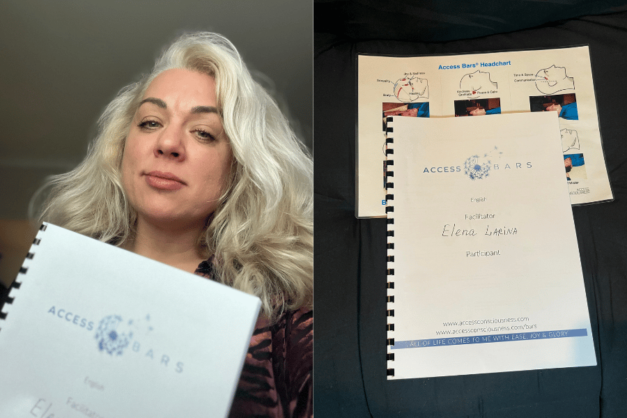Elena Larina holding Access Bars training manual before practitioner class in London